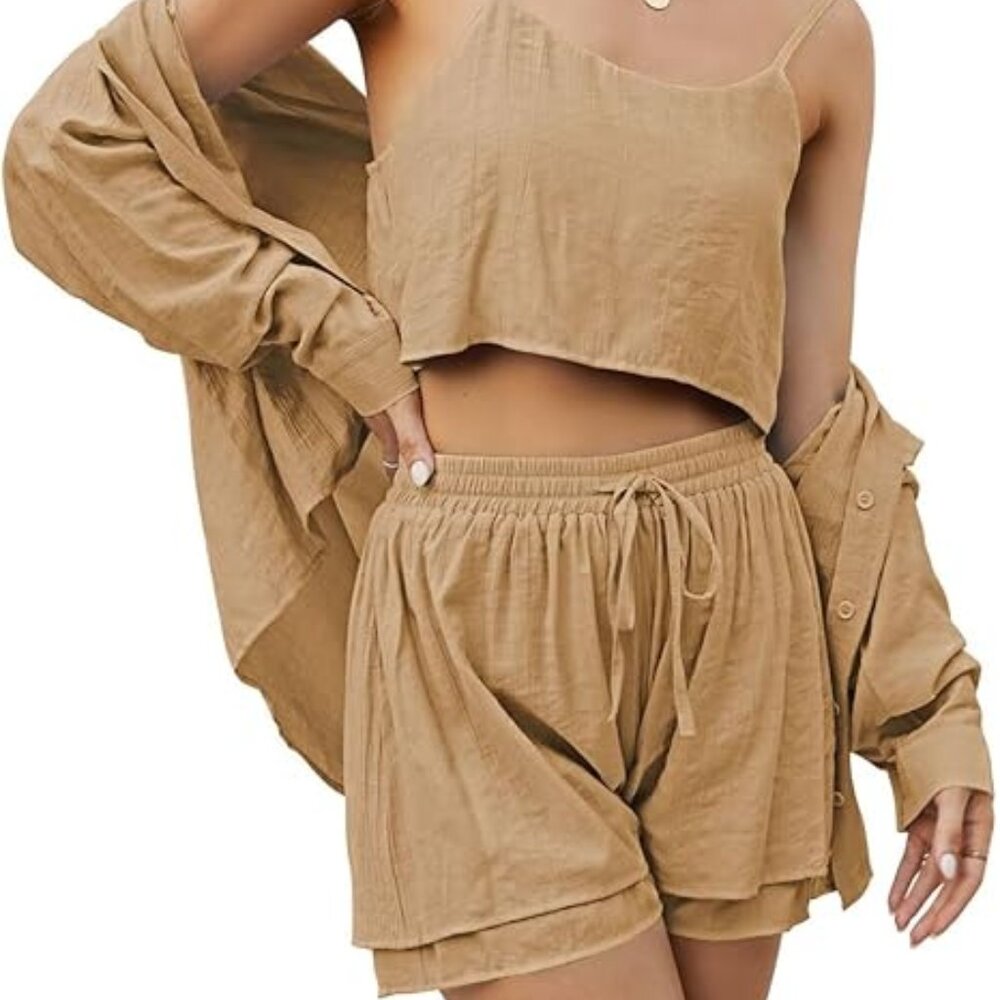 NWT 3-Piece Button Down, Crop Cami & Shorts Set Cotton Blend Apricot